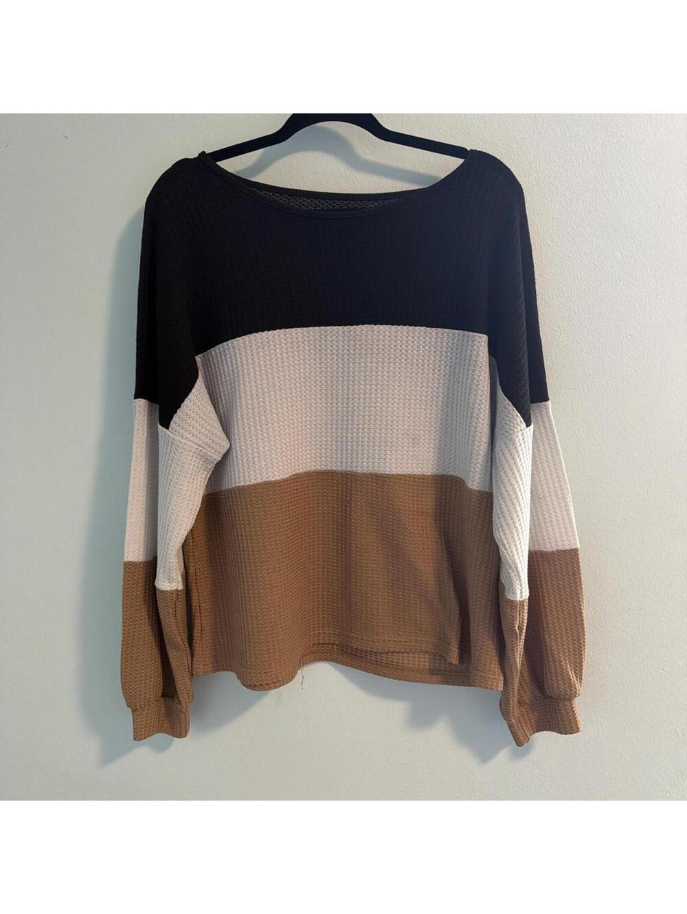 SHEIN Black White Brown Colorblock Waffle Knit Long Sleeve Top